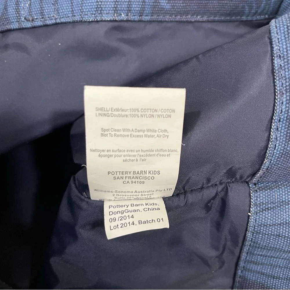 Pottery Barn Kids preppy canvas diaper tote navy blue leather straps initial 